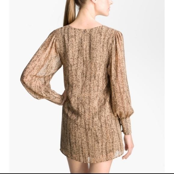 100% Silk Mini Dress with Sheer Sleeves, Brown, Vneck, Lined, Size Small - Picture 2 of 14